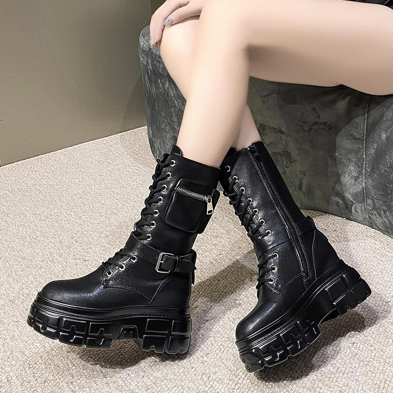 9СМ Осенние Теплые Ботильоны для Женщин Кожаные Короткие Ботинки Круглый Носок Высокая Платформа Мех Мотоботы Толстый Каблук Кроссовки Обувь