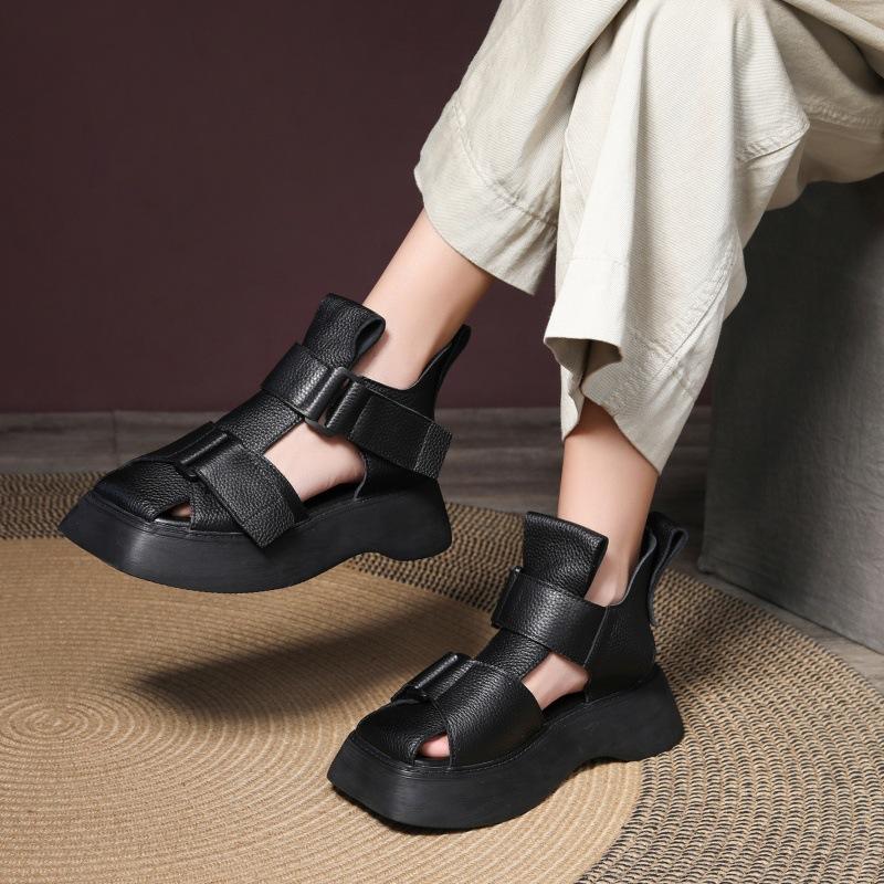 Johnature Square Toe Platform Sandals Vintage Genuine Leather Thick Soled Women's Summer Boots
