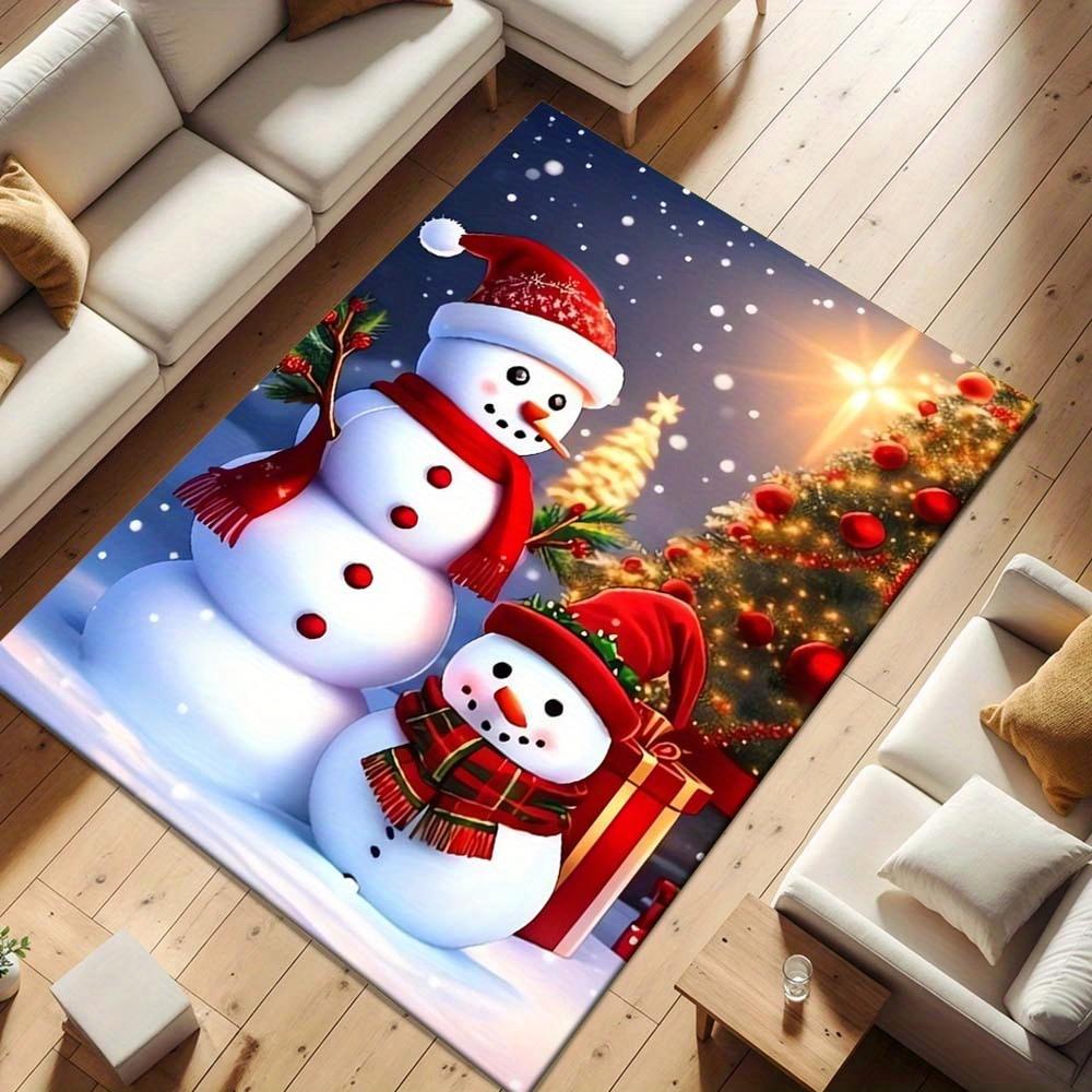 1pc Christmas Themed Rug, Big Snowman and Little Snowman Print, Bedside Carpet, Non slip Laundry Room Mat, Machine Washable Water Absorbing