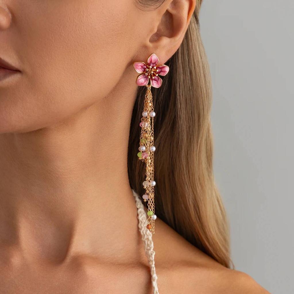 Salircon Y2K Bohemia Dripping Oil Pink Flower Drop Earrings for Women Fashion Tassel Imitation Pearls Piercing Earrings Jewelry