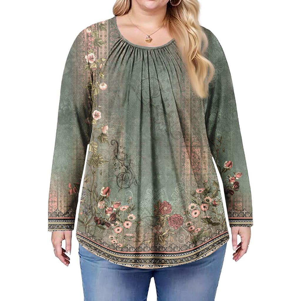 Women's Plus Size Fashion Printed Casual Pleated Round Neck Long Sleeve Top