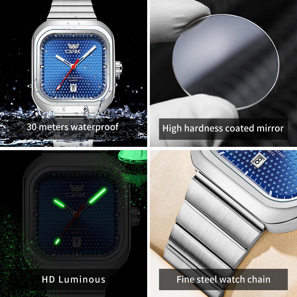 OPK 6041 Elegant Square Man Watch Steel Strap Waterproof Luminous Auto Date Men's Watches Original Quartz Wrist Watches for Men