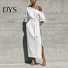 Daily Wear Dress Women One Shoulder Long Dress, Solid Color Tie Waist Side Split Everyday Dresses Casual Party Sleeve Maxi for Summer Office