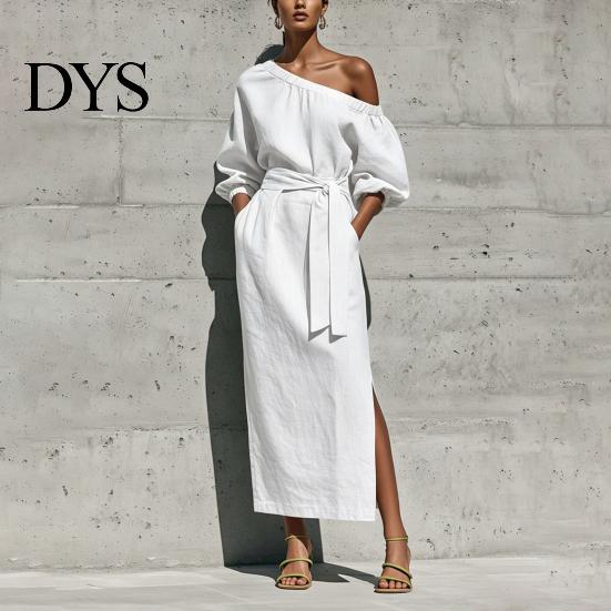 Daily Wear Dress Women One Shoulder Long Dress, Solid Color Tie Waist Side Split Everyday Dresses Casual Party Sleeve Maxi for Summer Office