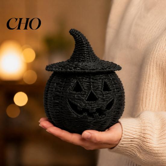 Black Resin Candy Bowl Halloween Pumpkin Basket, Faux Woven Lantern Ornament, Spooky Mysterious Mood Lighting Jar for Tabletop Mantel Decor