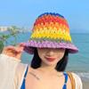 1PC Sun Protection Straw Headwear Sun Cap Panama Hat Bucket Hat Stylish Rainbow Color Handmade Crochet Beach Sunscreen
