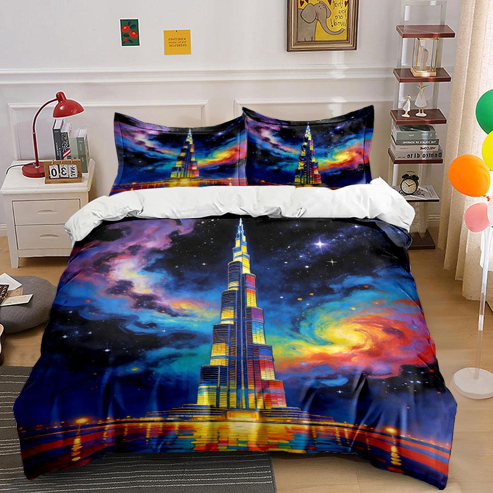 Colorful skyscraper and galaxy. Bedding sets Duvet cover sets Duvet covers Pillowcases(1 * Duvet Cover 2 * Pillowcases without duvet insert)