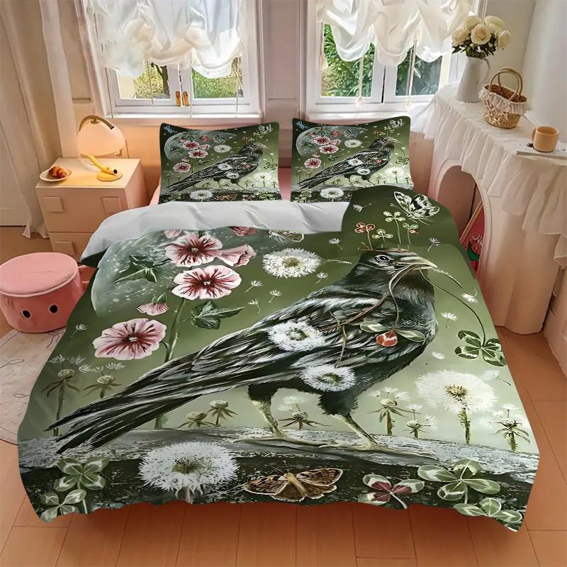 3pcs Anime Raven with Flowers and Butterflies Comforter Set - Includes One Quilt Cover and Two Pillowcases (No Core) - Home Decor, Festival Gift, Poly