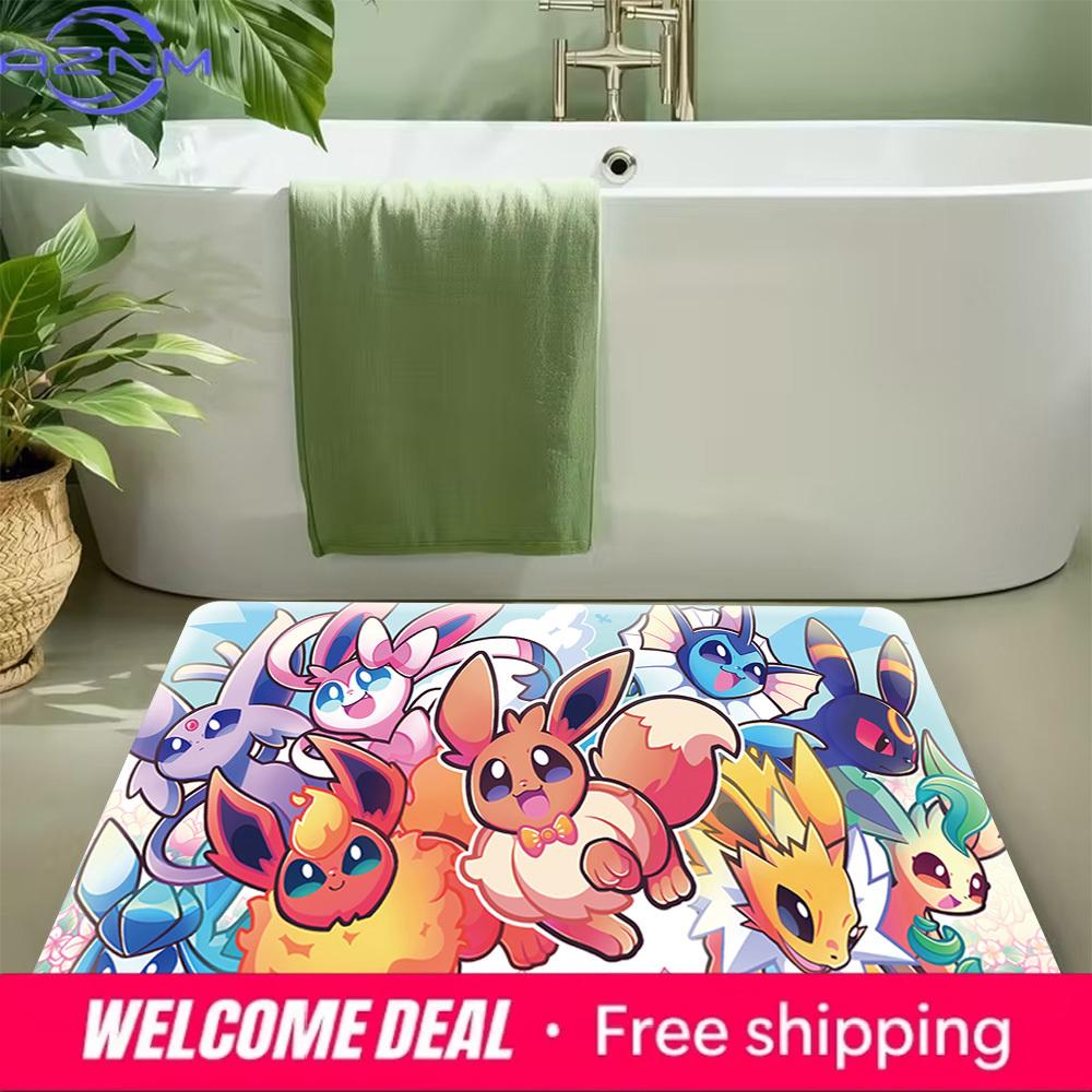 Pokemon Eeveelutions Cute Group Print Non-slip Doormat, Soft Absorbent Floor Rug for Home Decor