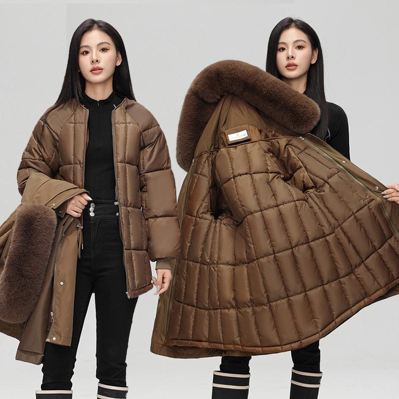 Autumn Winter Thicken Warm Detachable Parka Women Casual Fur Collar Solid Color Big Pocket Loose Hooded Coat Jackets Three-way Wear Outwear