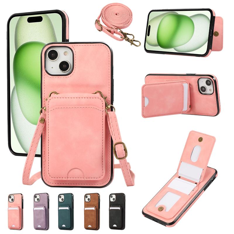 Cards Solt Wallet Holder Leather Case for IPhone 15 14 13 11 Pro Max 12 Mini Plus XS XR X 15Pro 14Pro I15 with Lanyard Bag Cover