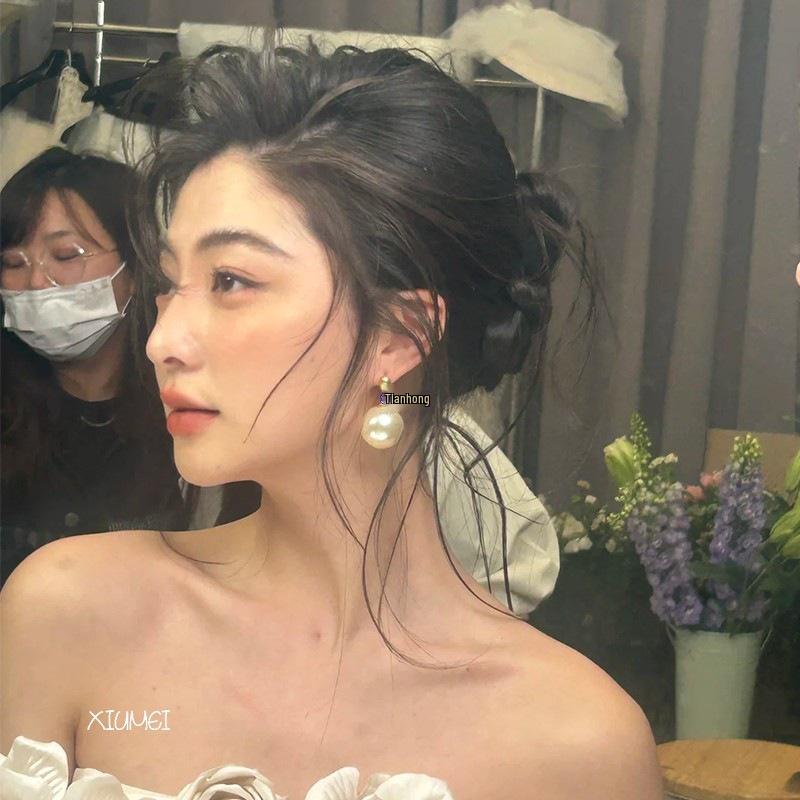 Большие серьги-подвески с французским жемчугом: Ретро Гонконгский стиль, Свадебные аксессуары в стиле легкой роскоши