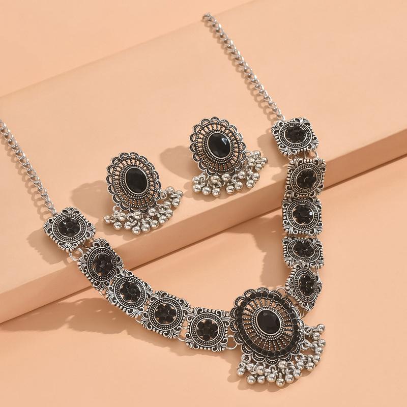Модное ретро-шаровое ожерелье с кисточками, вспышкой, бриллиантовым цветком, женское старинное серебряное ожерелье с геометрическим рисунком, серьги, женский комплект ювелирных изделий