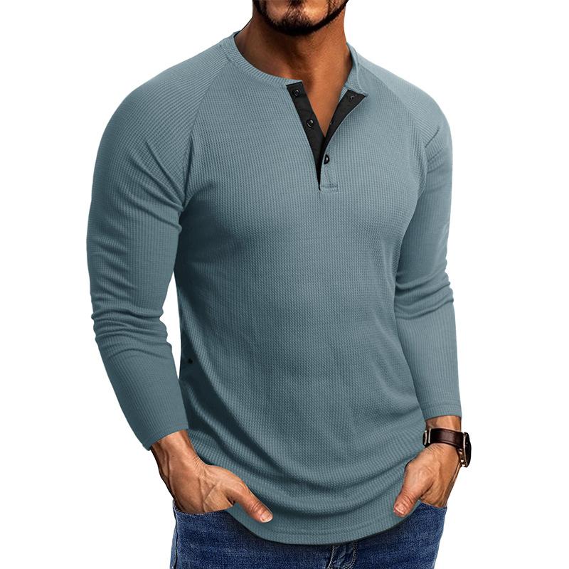 Мужская повседневная футболка-henley с вафельной вязкой, с длинным рукавом