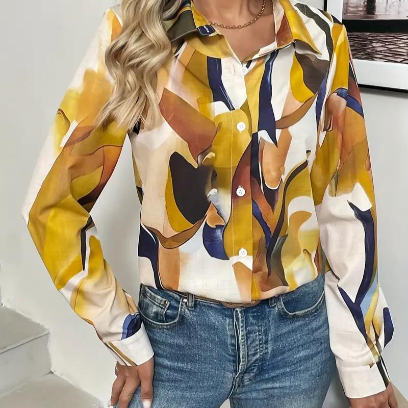 Женская элегантная блузка на пуговицах с геометрическим узором и воротником-лацканом - рубашка с длинным рукавом из 100% полиэстера - на все сезоны