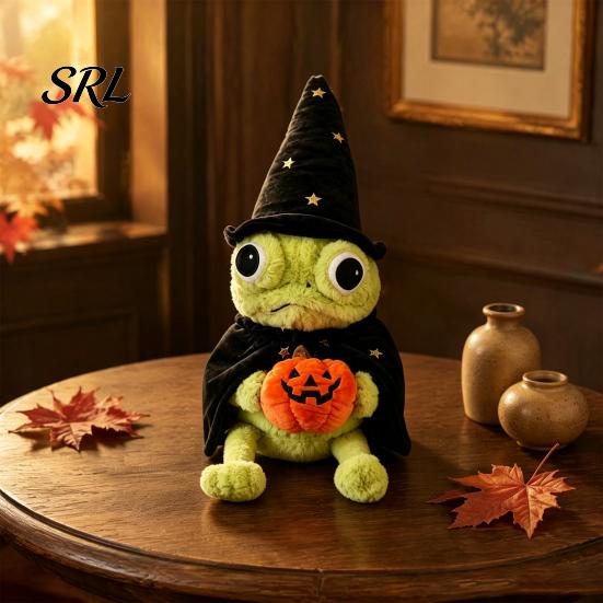 Soft Velvet Frog Toy Wizard Plush Doll, Halloween Pumpkin And Cloak Decor, Theme Set Stuffed Animal for Holiday Home Decoration Desktop Display