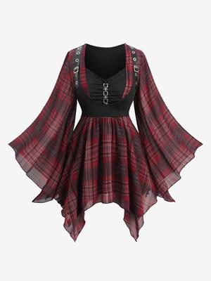 Rosegal Plus Size Расклешенные рукава Клетчатый принт Цепочка Сборки ПУ Ремешок Люверс Пряжка Асимметричный корсет Топ