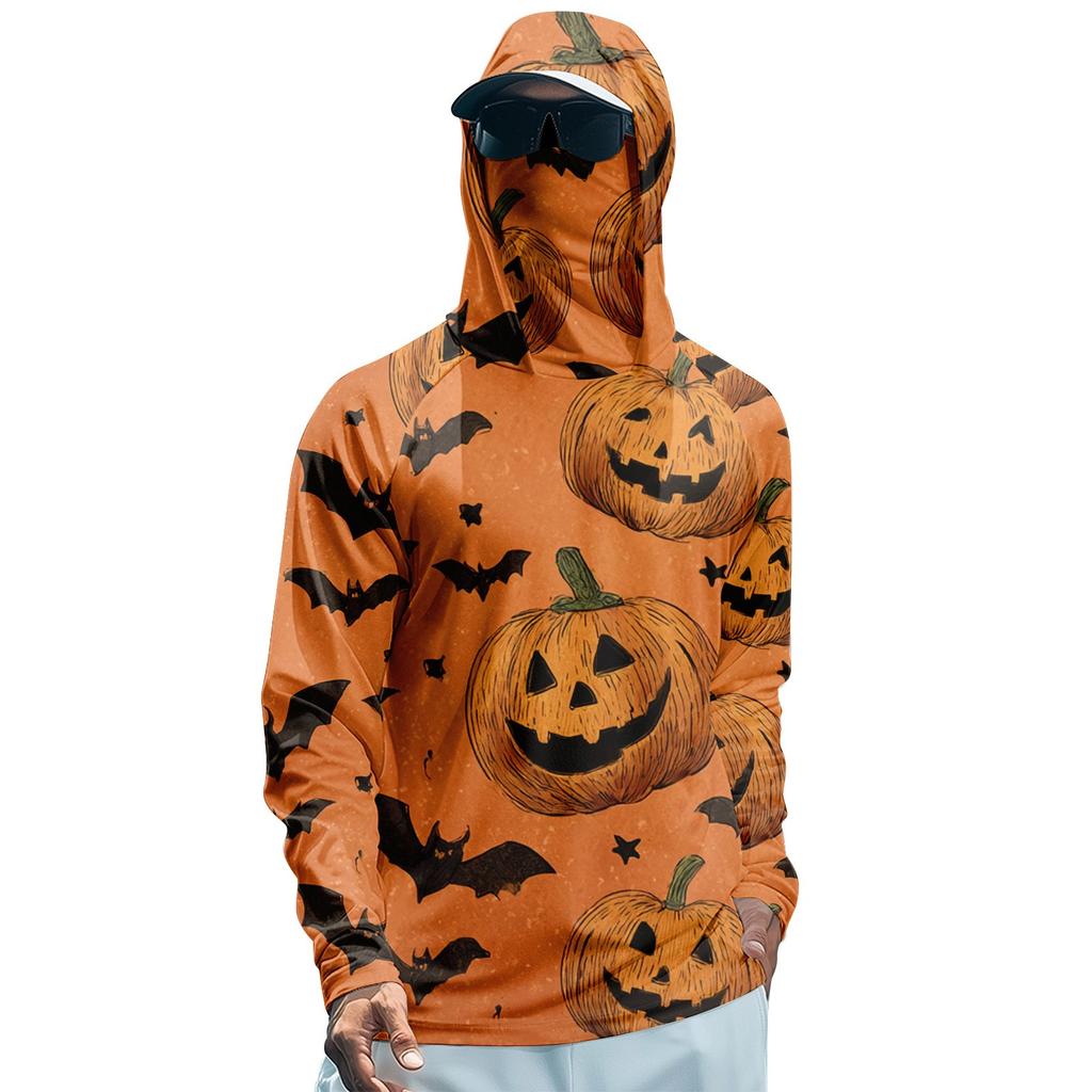 Мужская худи реглан для рыбалки с принтами на Хэллоуин - UPF 50+ УФ защита, длинный рукав, солнцезащитная рубашка с сетчатым козырьком