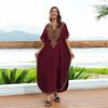 Plus Size Red Embroidered Kaftan Summer Long Beach Dress Women Homewear Outfit Swim Suit Cover Up Loose Caftan