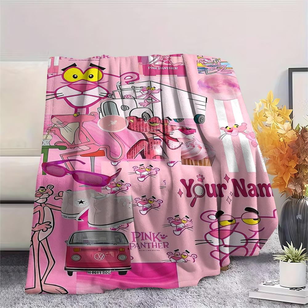 1PC Pink Panther Party Custom Name Patterned Flannel Blanket Suitable For All Seasons For Home Decor Warmth And Comfort Gifts Holiday Present