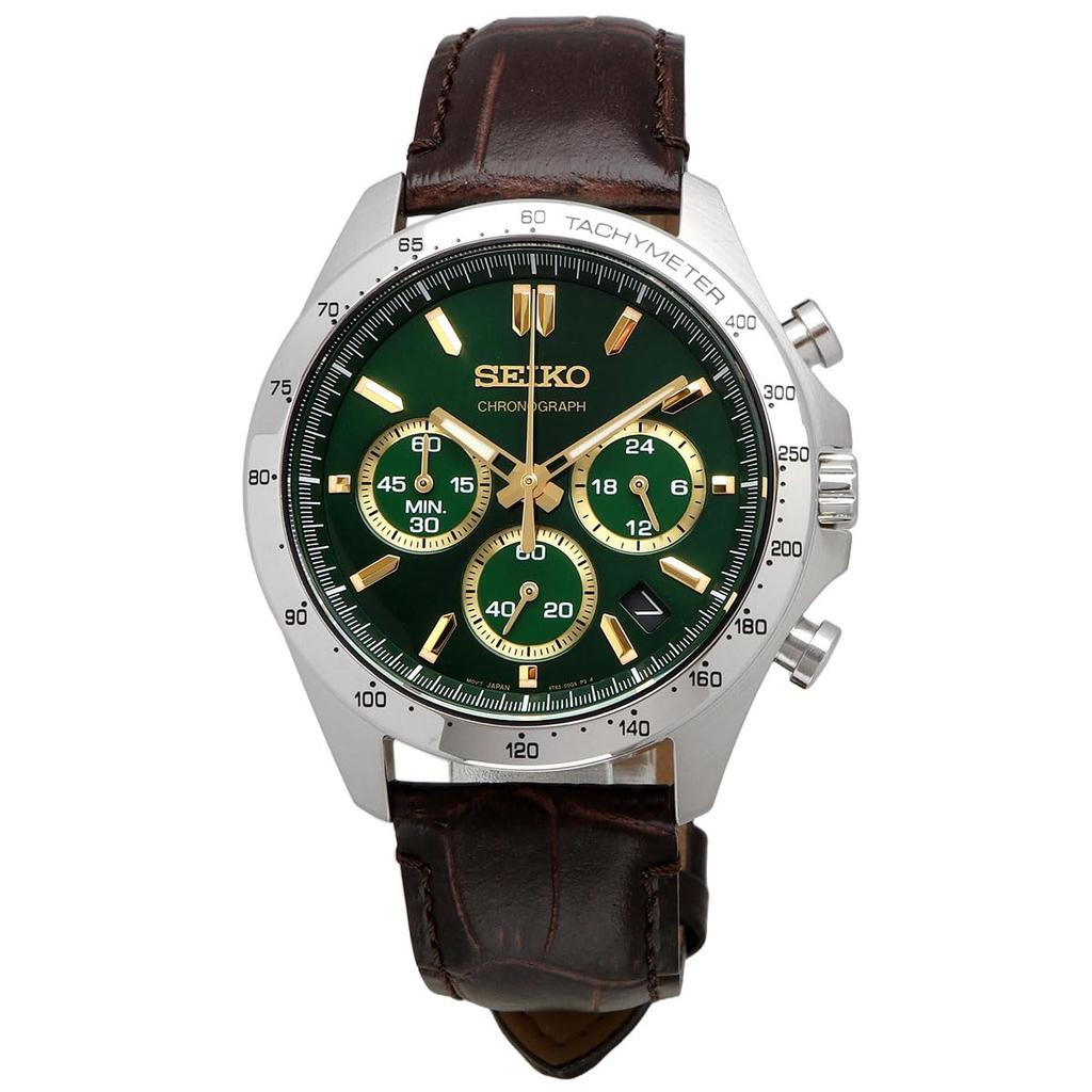 Кварцевые часы-хронограф Seiko Second SBTR017 Зеленые с коричневым кожаным ремешком 1/5 Мужские