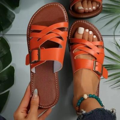 Летние однотонные сандалии на плоской подошве Popula 2024, уличные тапочки с открытым носком, пляжная женская обувь, большие размеры, шлепанцы Zapatos De Mujer