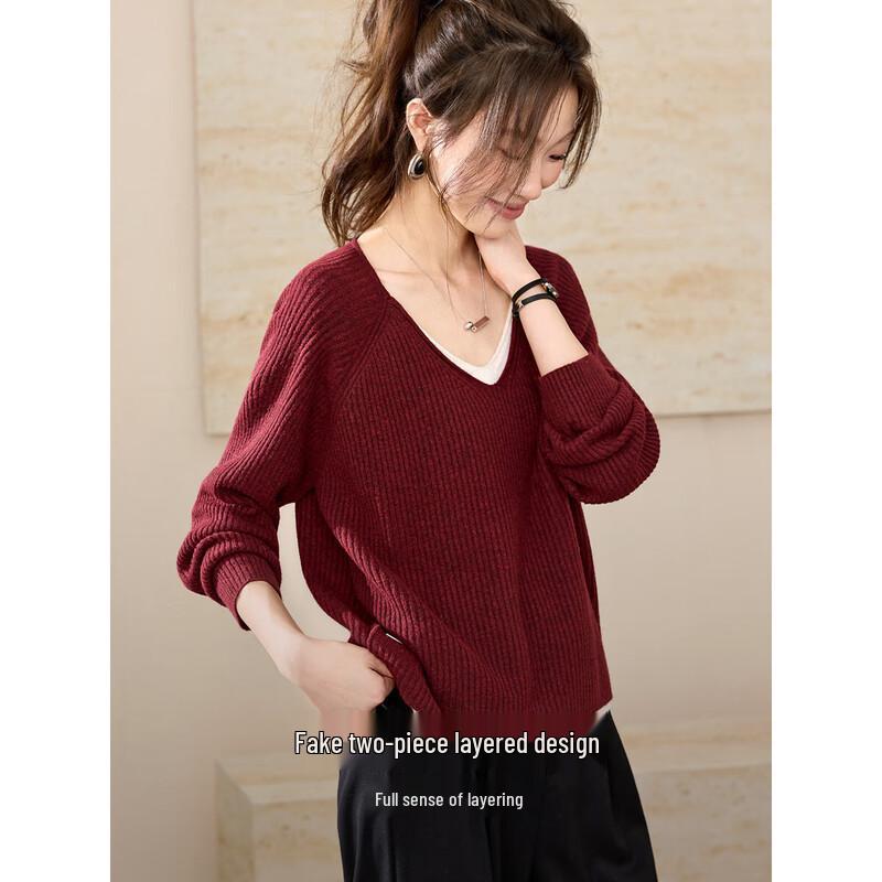 Mohan Yimei Quiet Luxury V-Neck Faux Two-Piece Knit Sweater