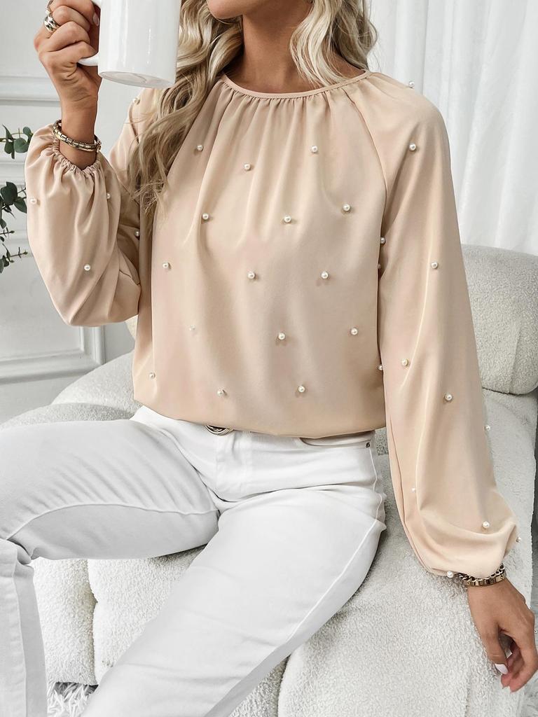 Beaded Lantern Sleeve Round Neck Shirt - Autumn Fashion for Women