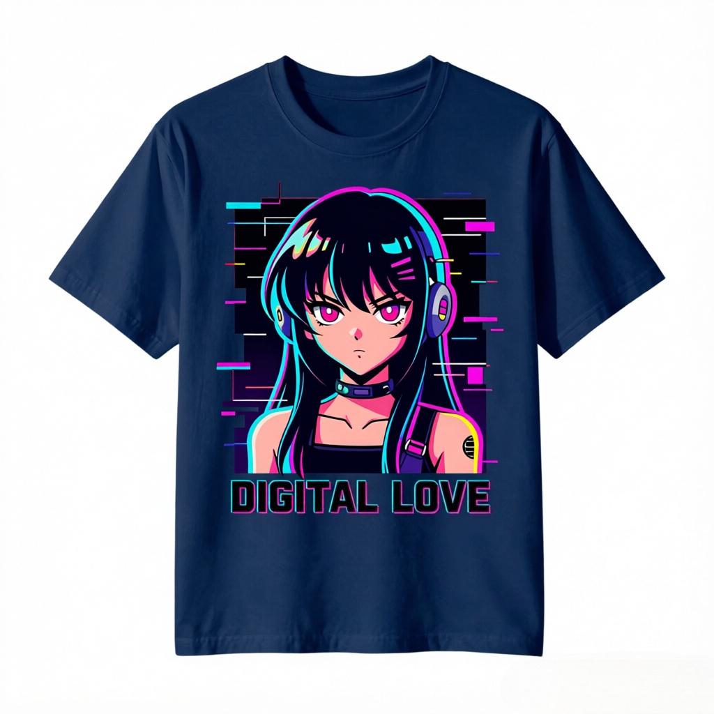 Retro 90s Anime Vaporwave Headphone Girl Digital Love Graphic TShirt Unisex Unisex Synthwave Anime Fan Cotton Tee Short Sleeve Tops
