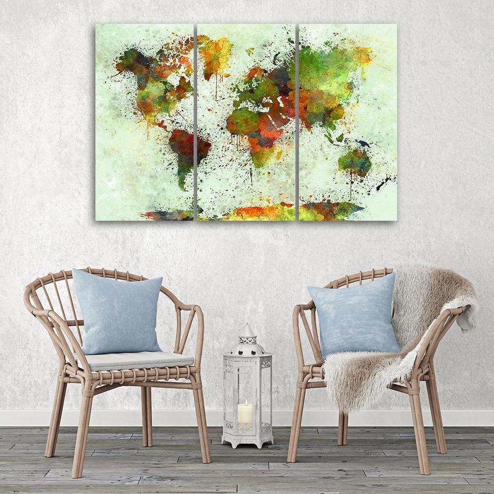Картина из трех частей, печать на холсте, абстрактная карта мира, цветная