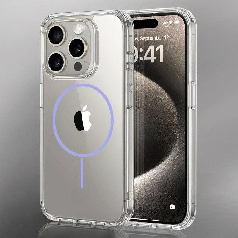 Роскошный тонкий чехол с магнитной беспроводной зарядкой Magsafe для iPhone 16 15 14 Pro Max 13 12 Mini 11 16e Plus Прозрачная задняя крышка