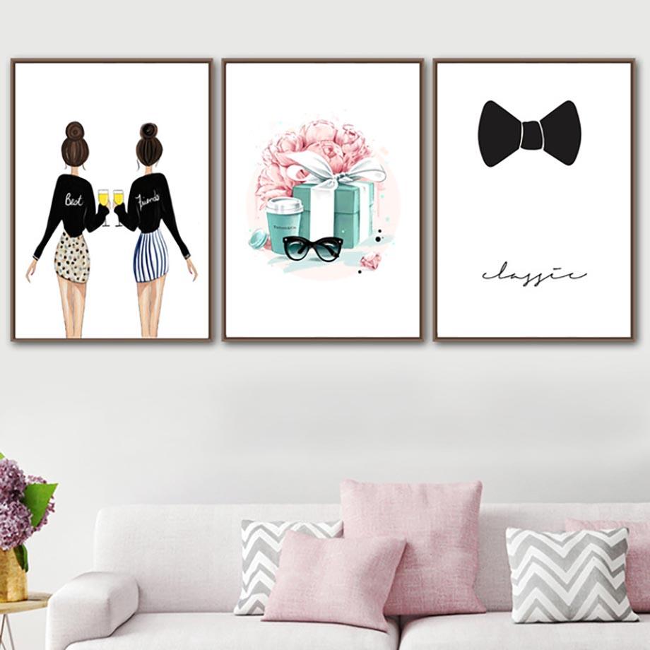 Home Decor Wall Art Canvas Painting Fashion Girl Glasses Flower Gift Bow Picture Prints Nordic Watercolor Poster Modular Bedroom No Framed
