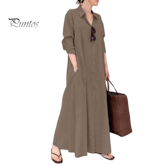 Женское весеннее платье с отложным воротником, свободное однобортное однобортное платье с длинными рукавами и карманами на пуговицах, тип рубашки до щиколотки, осеннее повседневное платье макси