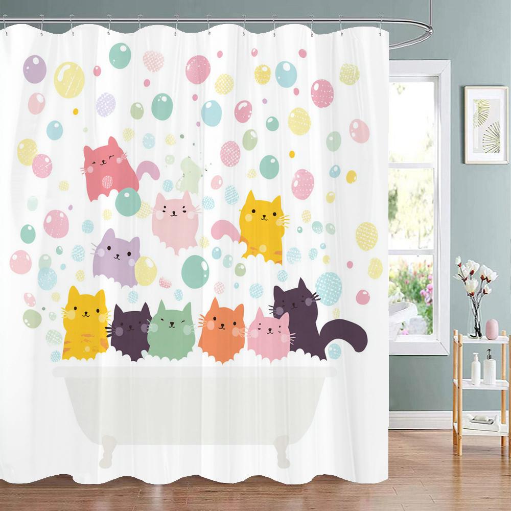 Cute Bathing Cats Art Cartoon Shower Curtain, Bathroom Decorative Shower Curtain, Waterproof Shower Curtain With Hooks