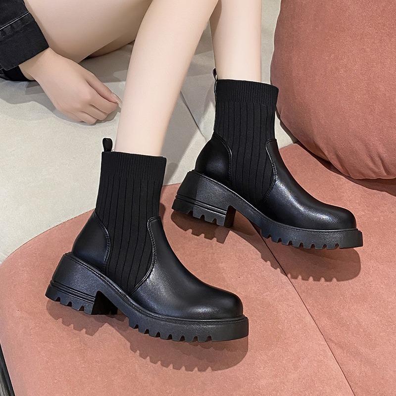 Ботильоны-носки женские осенне-зимние новые на толстой подошве-маффине, вязаные вставки большого размера, тонкие ботинки, модные ботинки женские