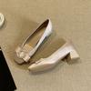 French Gentle with Skirt Thick Heel Light Mouth Single Shoes Women's Spring Bow Satin Super Foreign Style Square Head High Heels