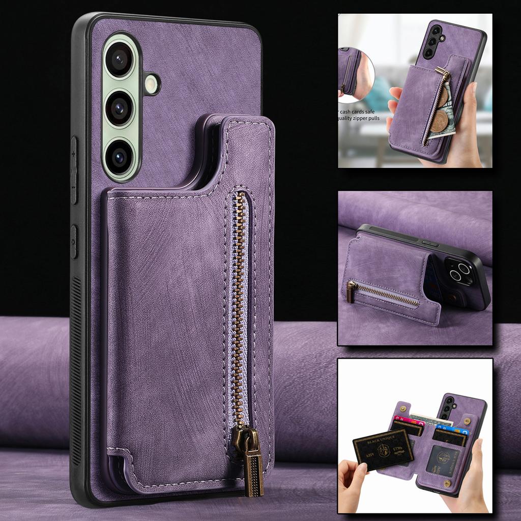 For Samsung Galaxy S25+ Case with Zipper Card Holder Retro Leather TPU Phone Cover