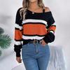 HNXC Autumn and Winter Casual Color-blocking Striped Lantern Sleeve Metal Buckle Off-the-shoulder Pullover Sweater for Women