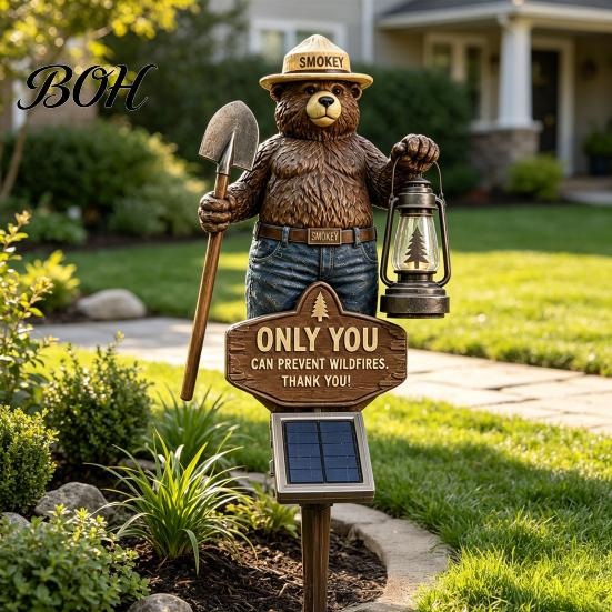 Easy Install Flower Bed Stakes Shovel Bear Solar Light, Waterproof Resin Decorative Statue, Auto on at Weather Resistant Yard Illumination Dusk