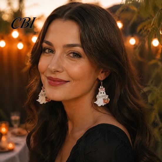 Goth Aesthetic Fashion Earrings 1 Pair Acrylic Ghost for Women, Halloween Cute Dangle Drop Daily Wear with Pumpkin Bucket And Pink Bow Party