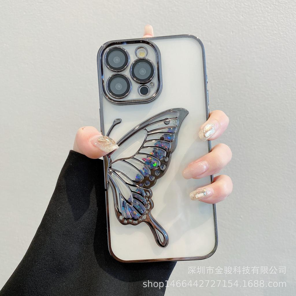 3D Flowing Sand Butterfly Apple 15 Phone Case 14 Pro with Lens Protector Compatible with iPhone 16 Electroplated TPU Soft Case