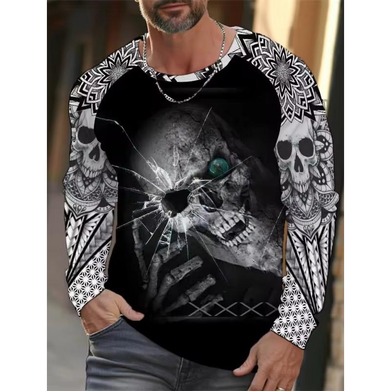 Men's Long-sleeved T-shirt 3D Printed High-definition Skull Stitching Printing Men's Autumn Tops Casual Round Neck Home Clothes