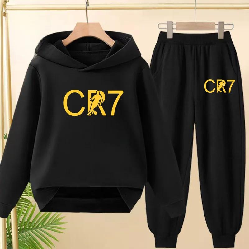 TZWYKids Yellow CR7 Football Idol Print Hoodie Set Boys Girls Sports Jogging Casual Sweatshirt Top with Pants 2-Piece Toddler Outfit
