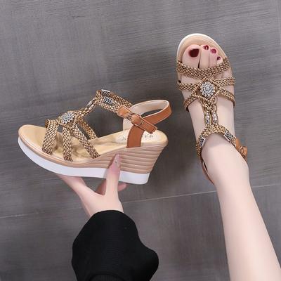 Мода 2025 Лето Клоги Танкетка Большой Размер Богемная Женская Обувь Средний Девочки Гладиатор Платформа Большая Закрытая Мода Бохо Бежевый