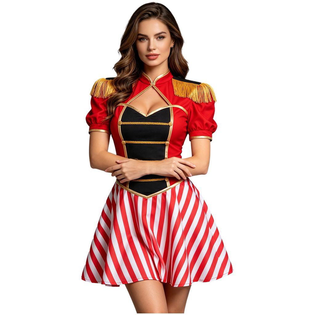 Womens Circus Costume Stand Collar Short Sleeve Tassel Epaulet Metallic Trim Striped Dress
