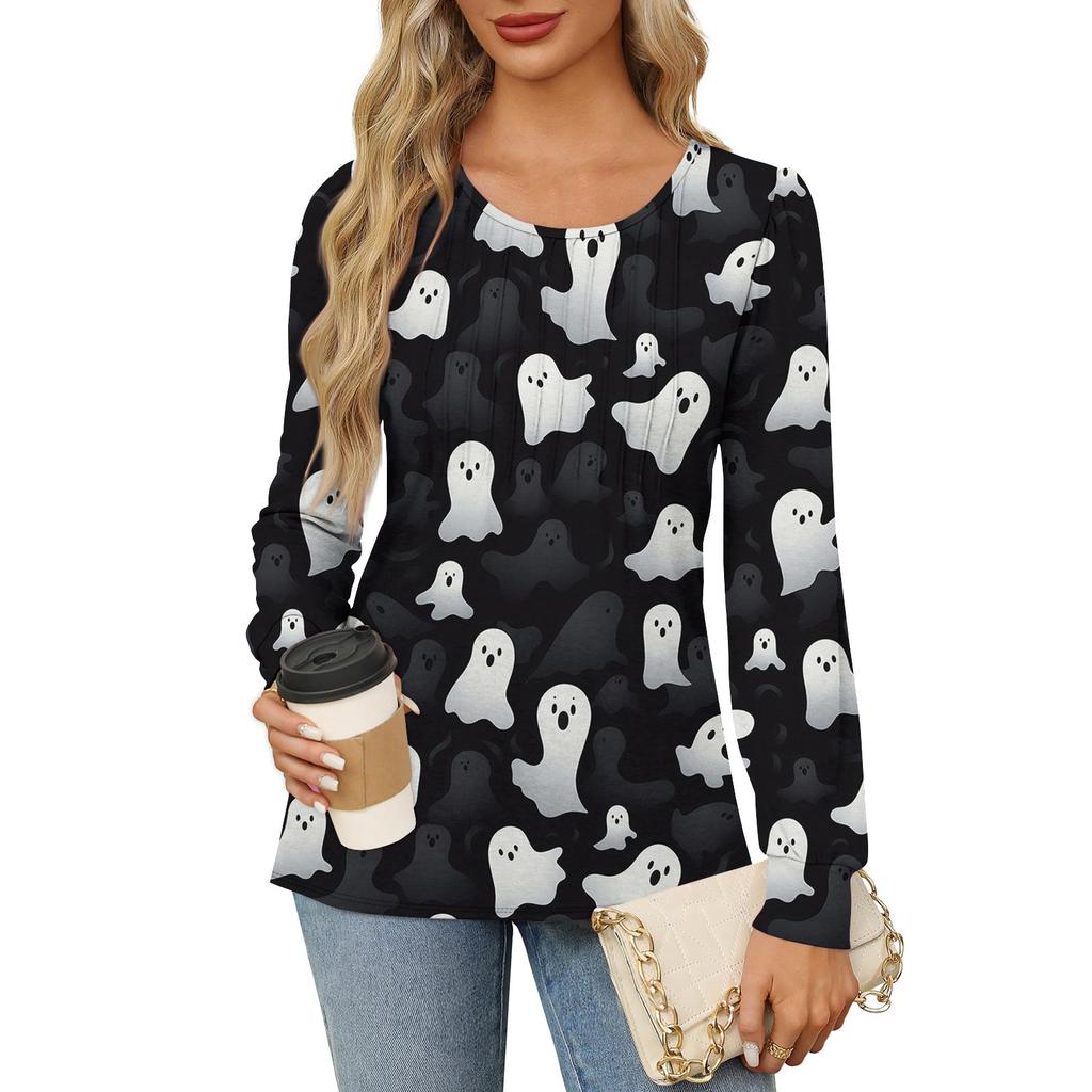 Рубашки с длинным рукавом для женщин, милые принты, графические футболки, блузки, нарядные повседневные блузки, плиссированные туники с круглым вырезом, топы на Хэллоуин