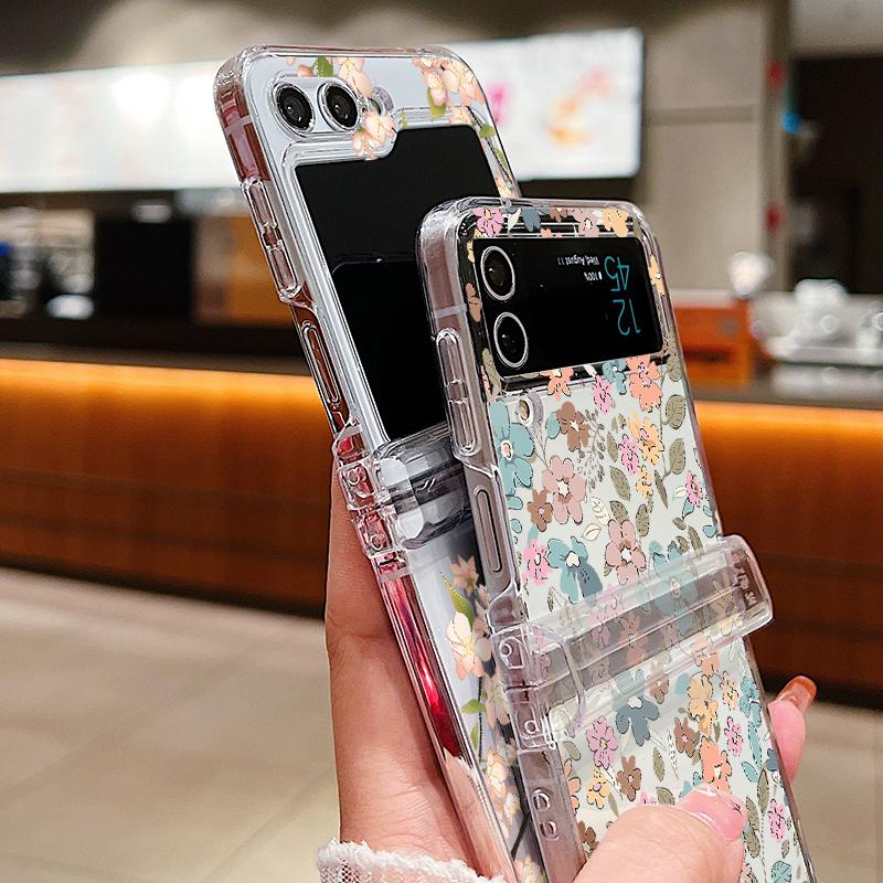Shockproof 3PCS Foldable Case for Samsung Galaxy Z Flip6 Flip5 Flip4 Flip3 Colorful Flower Pattern Hard Pc Clear Slim Case Cover