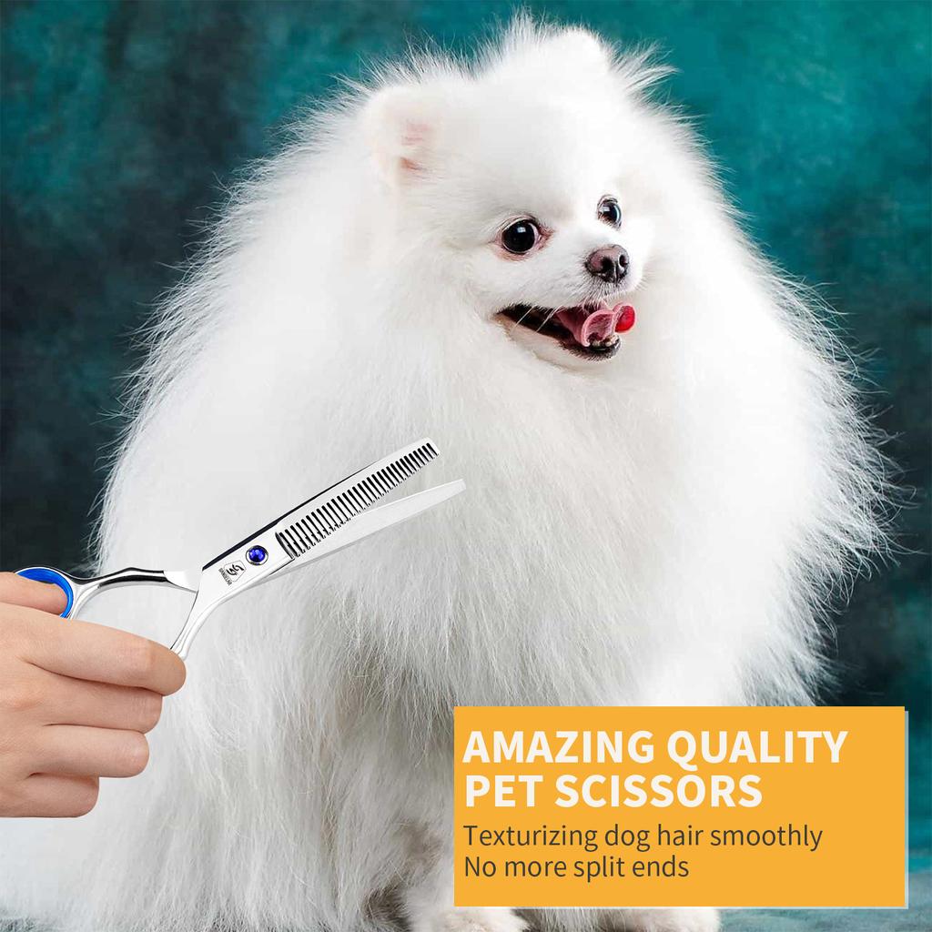 SANGELAR Профессиональный набор для ухода за домашними животными длиной 6,5 дюйма, прямые и изогнутые ножницы, 2 филировочных ножницы (20%-55%), Кровоостанавливающий зажим, расческа и премиум-кейс