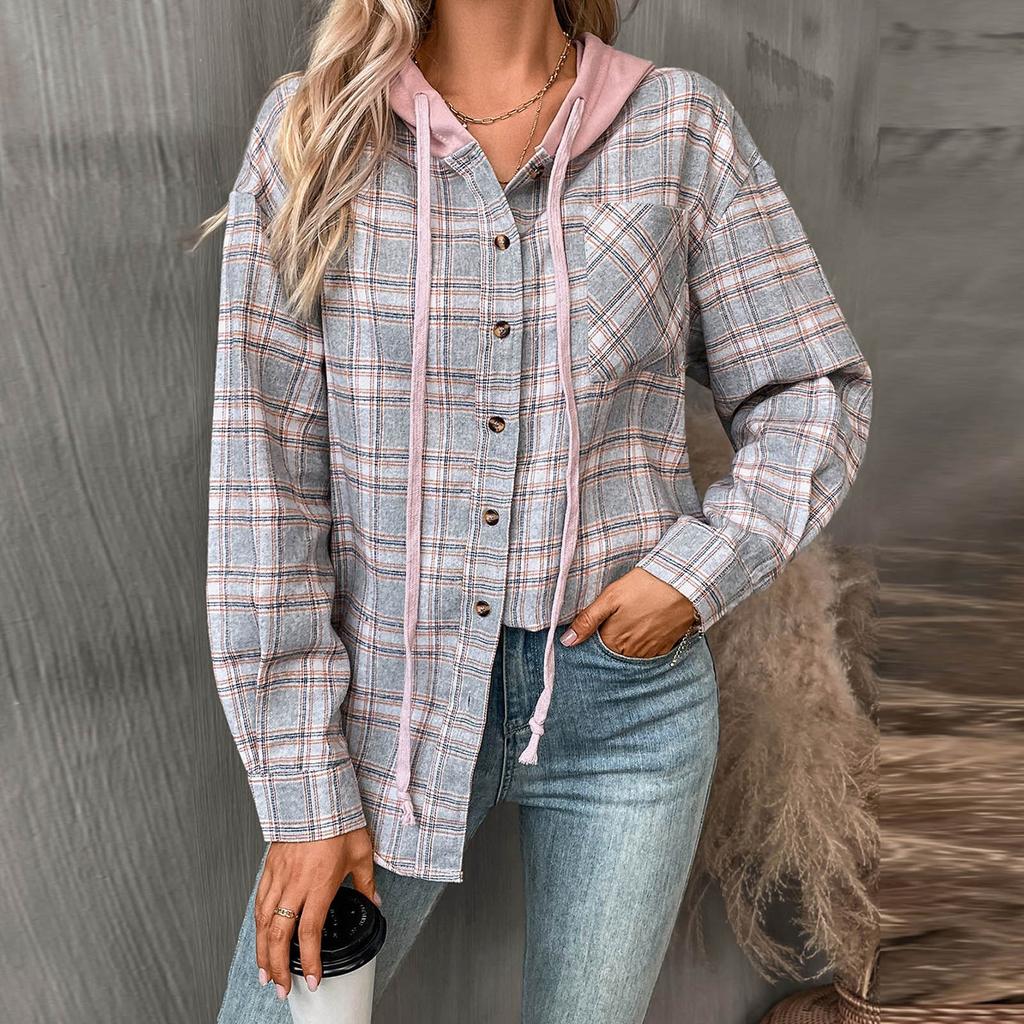 Женская модная широкая клетчатая куртка-рубашка с длинными рукавами и карманами на пуговицах и капюшоном