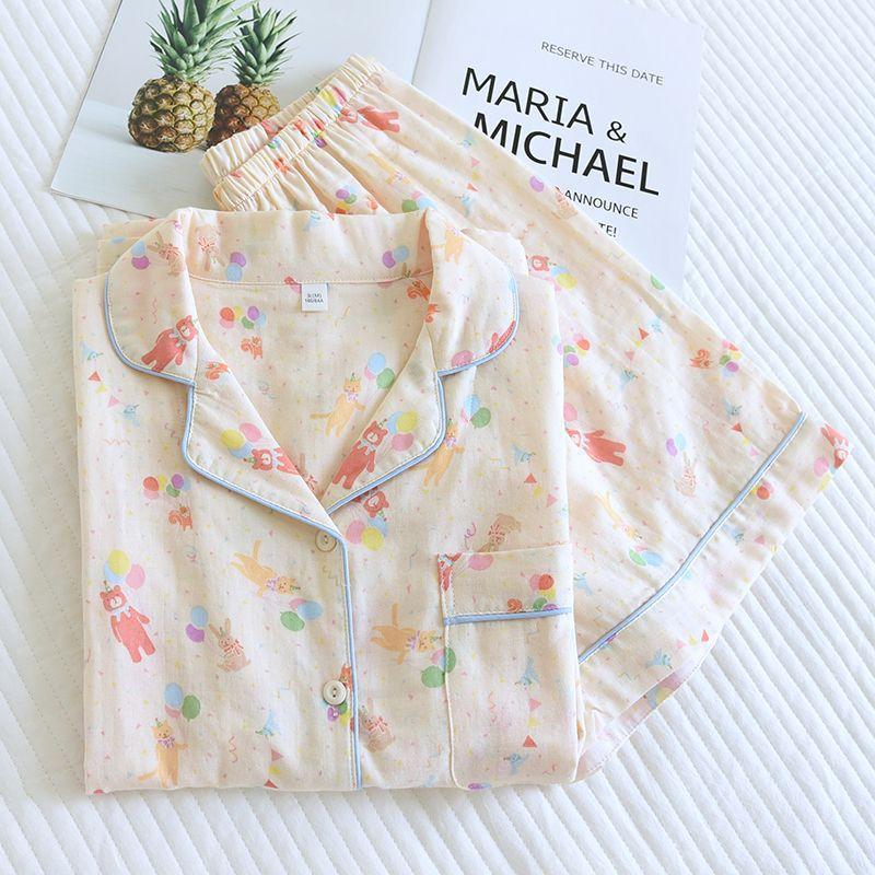 2026 Новый летний женский пижамный комплект 100% хлопок с коротким рукавом и шортами Двойка Милый мультяшный отложной воротник Тонкий домашний комплект